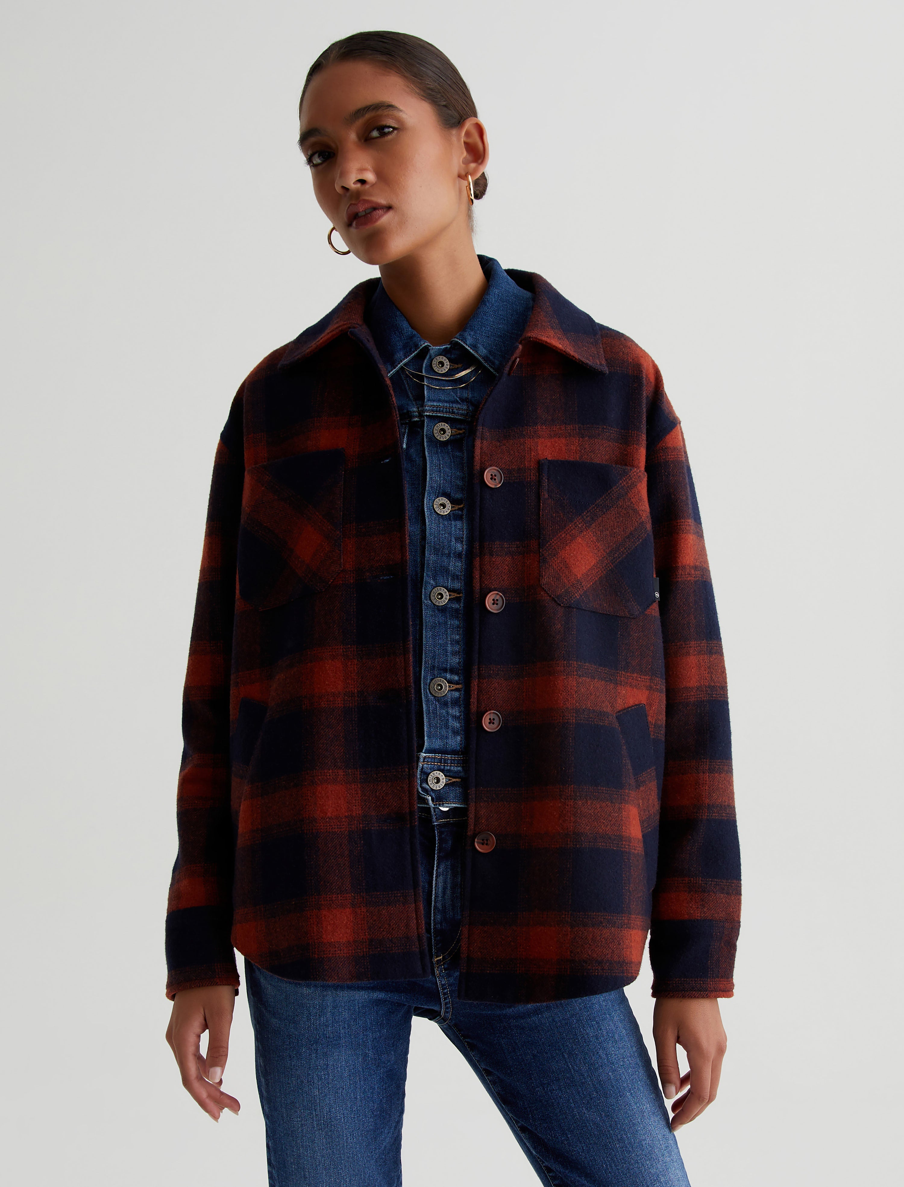 Womens Kryee Overshirt Shadow Plaid Deep Navy/Sunburst at AG Jeans