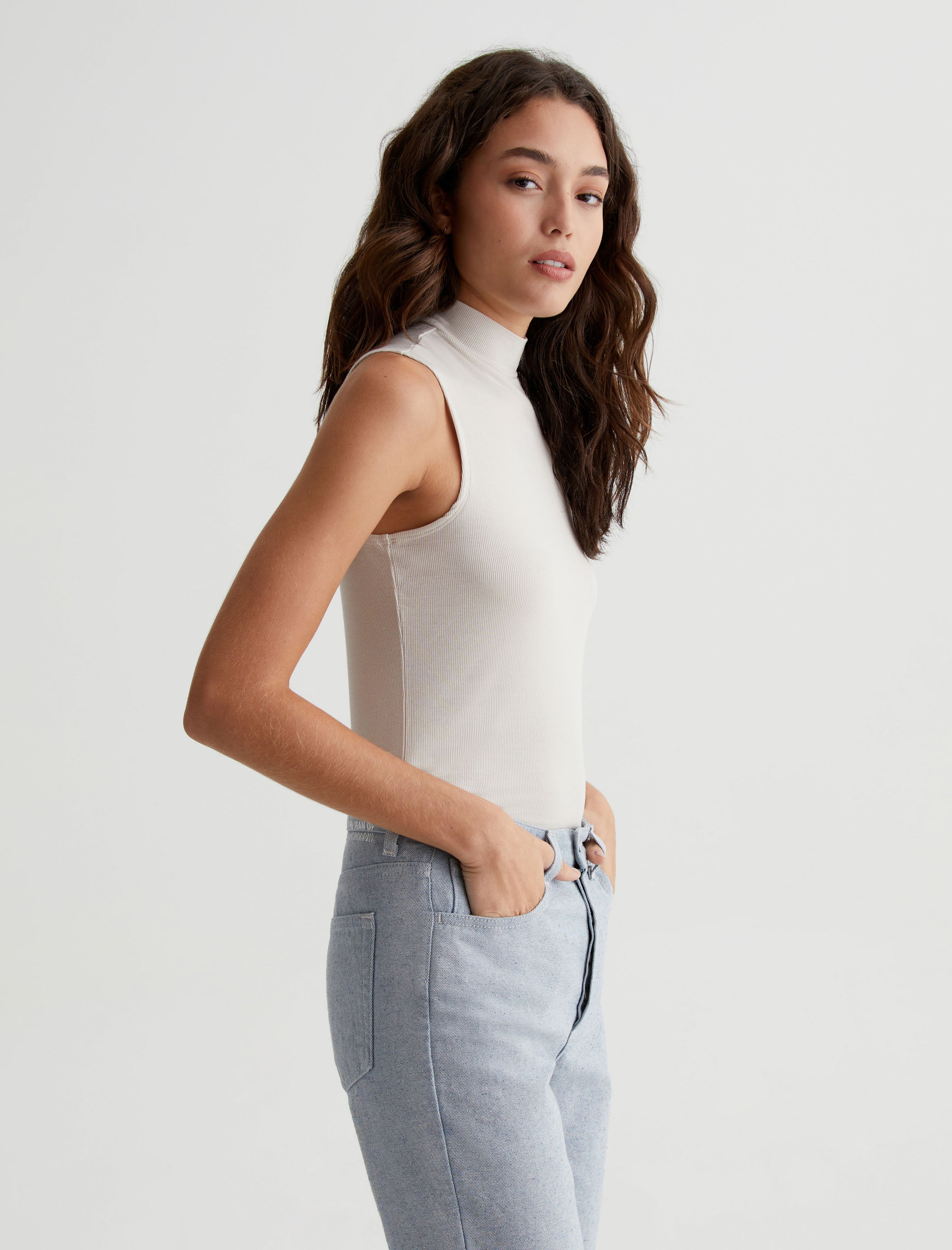 White ribbed sleeveless clearance turtleneck