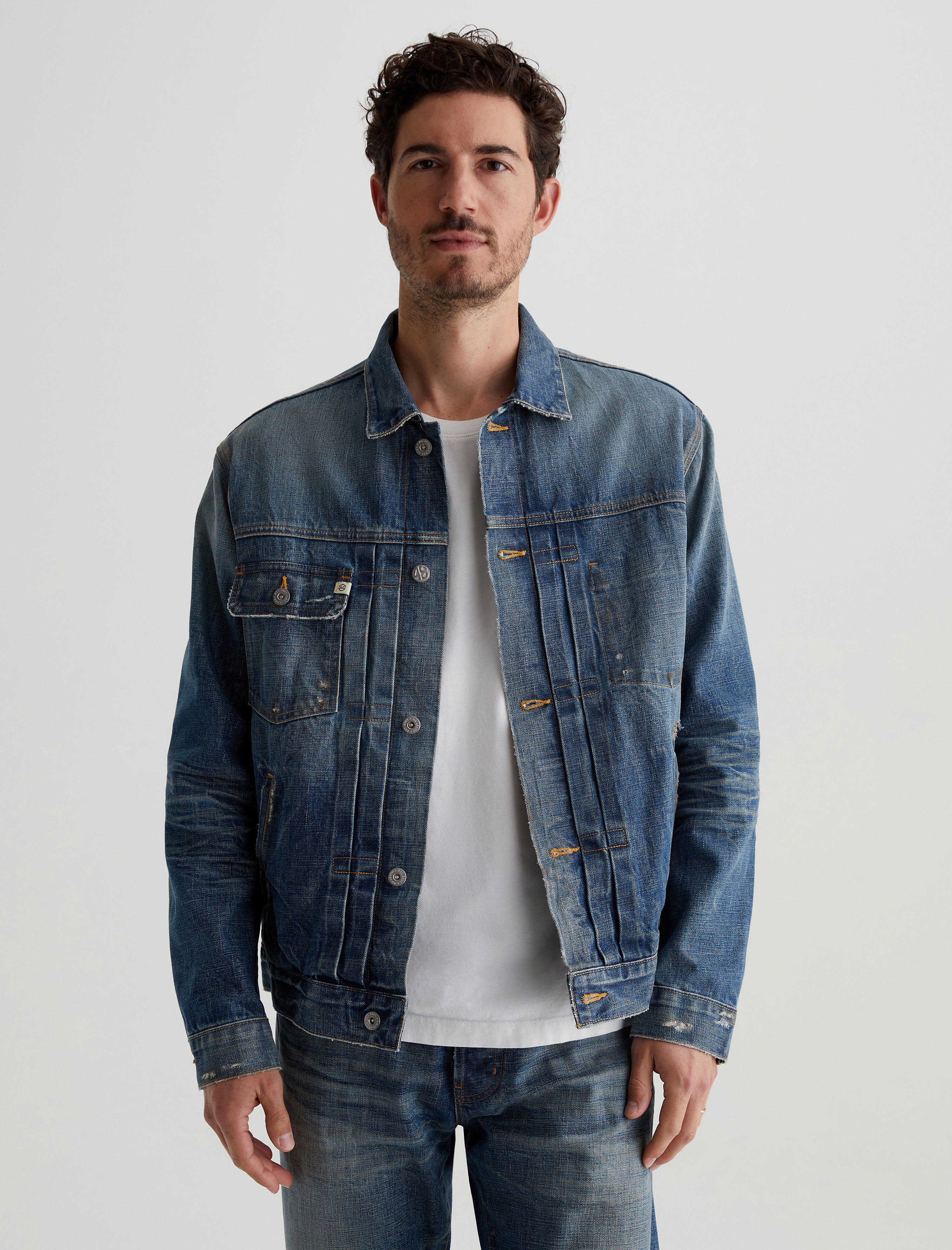 Sid Selvage 19 Years Garden Grove AG-ed ™ Pleated Trucker Denim Jacket Men Top Photo 1