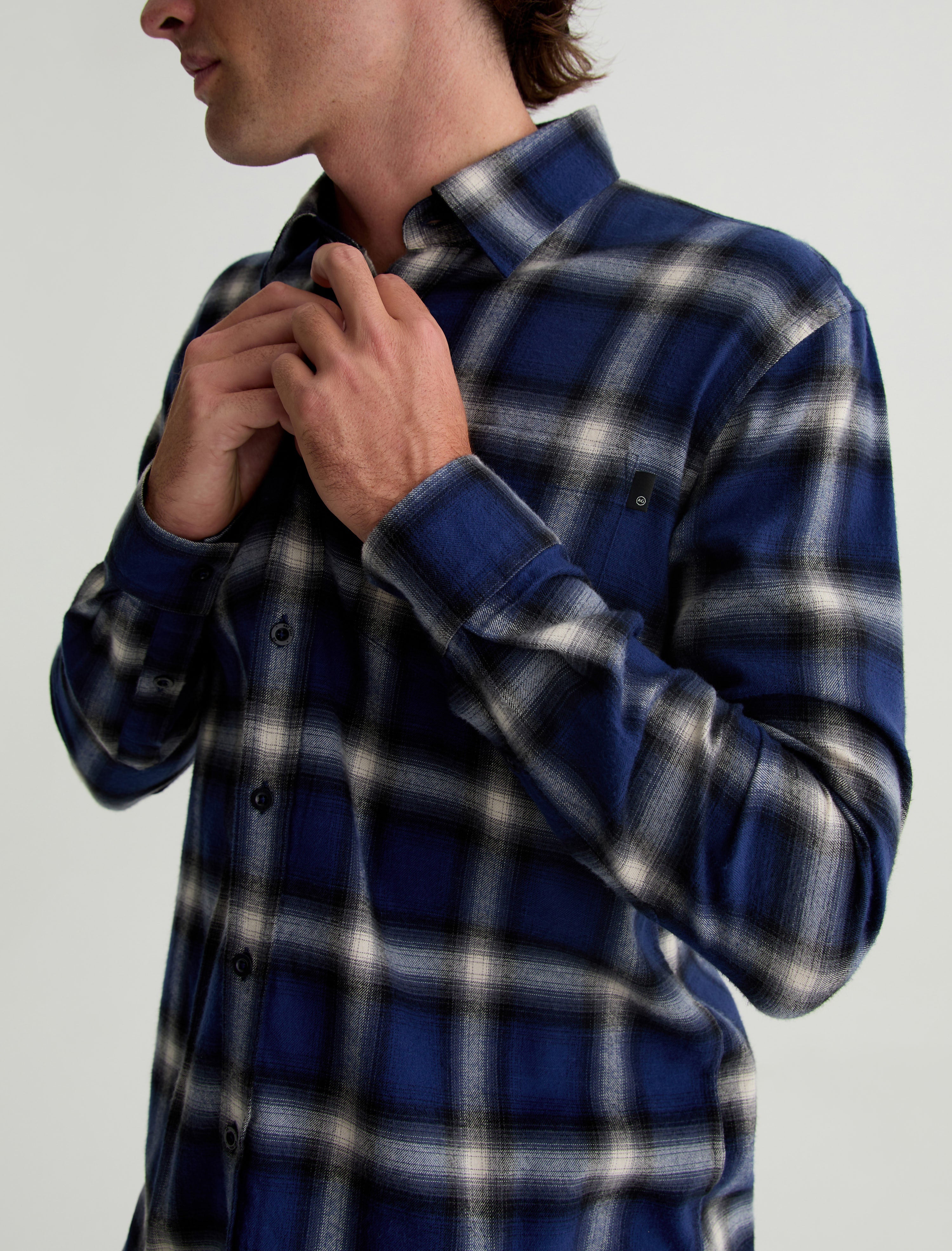 Aiden Shirt Brushed Check Plaid Blue Multi Classic Long Sleeve Button-Up Shirt Men Top Photo 2