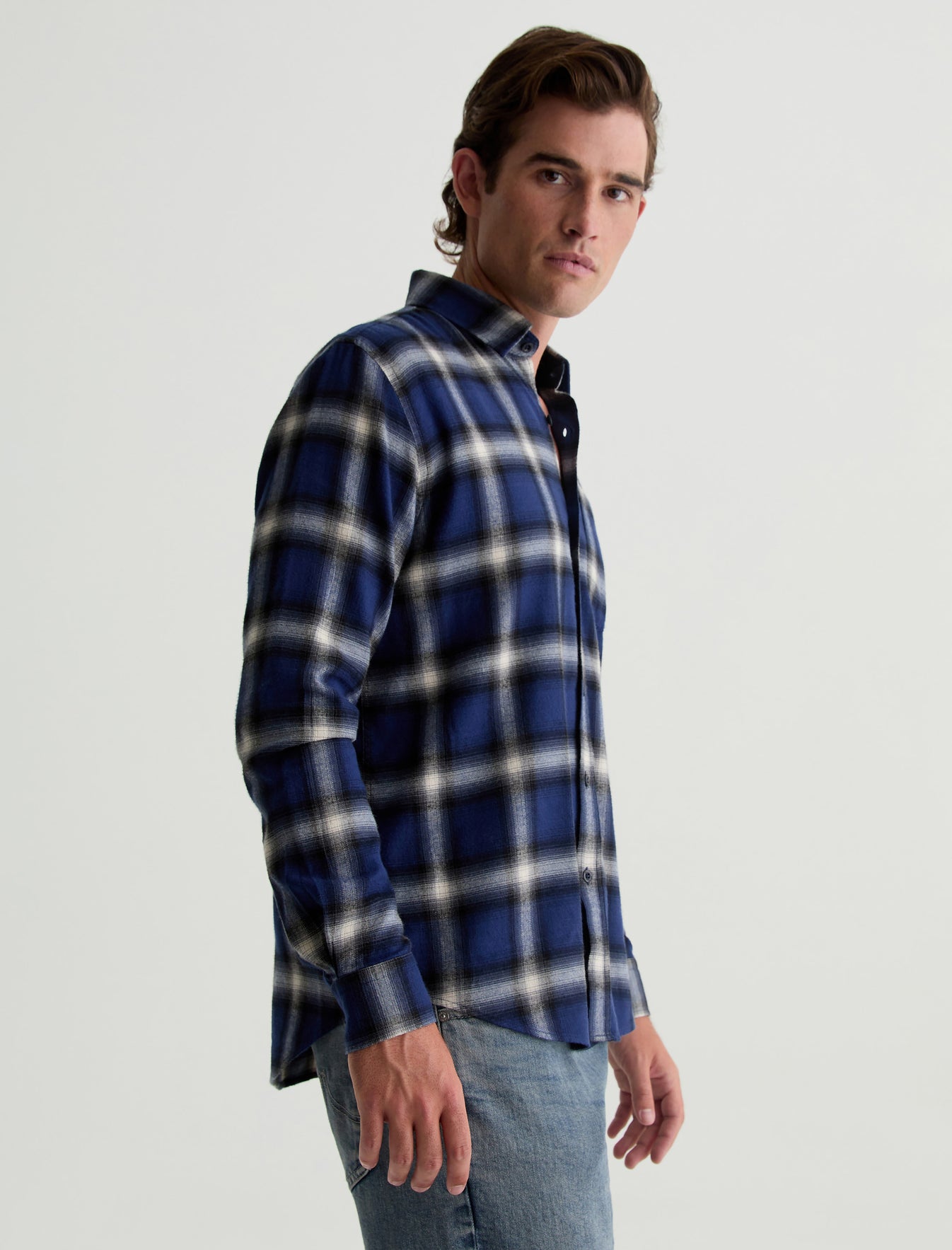 Aiden Shirt Brushed Check Plaid Blue Multi Classic Long Sleeve Button-Up Shirt Men Top Photo 3