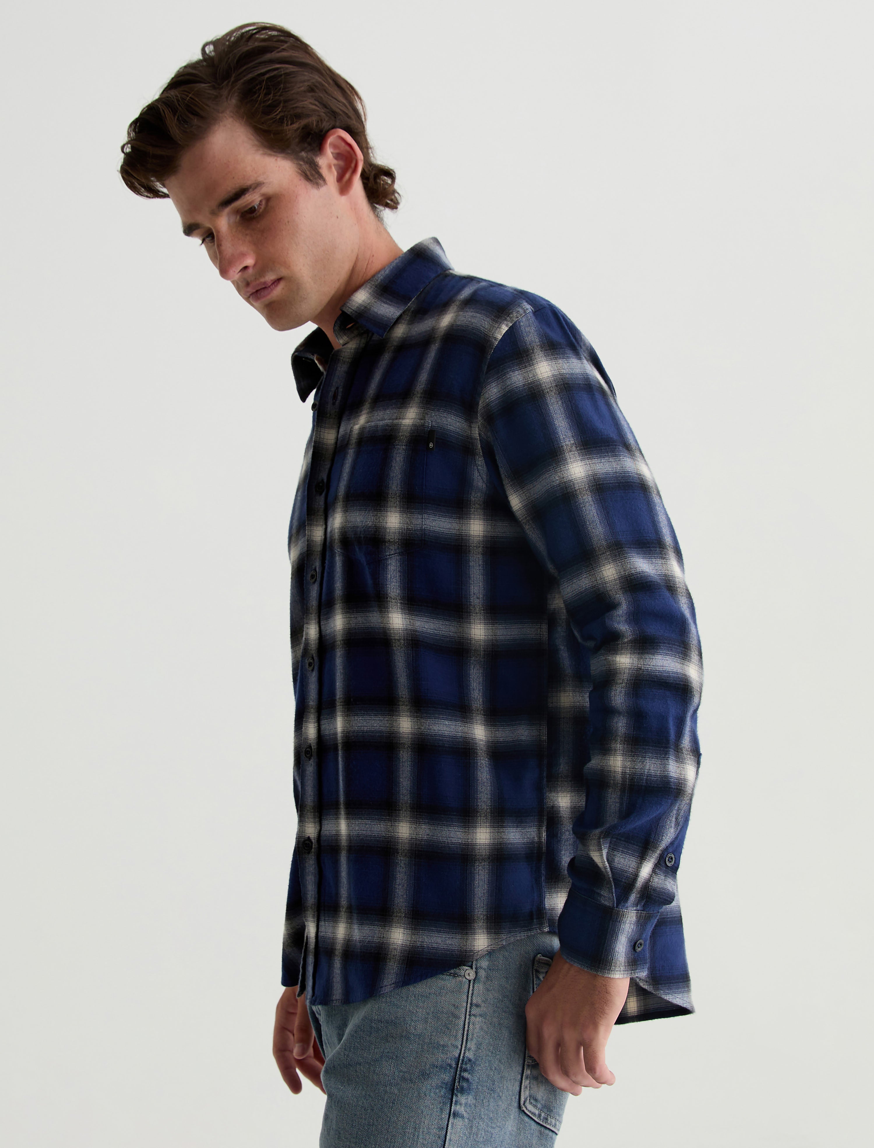 Aiden Shirt Brushed Check Plaid Blue Multi Classic Long Sleeve Button-Up Shirt Men Top Photo 6