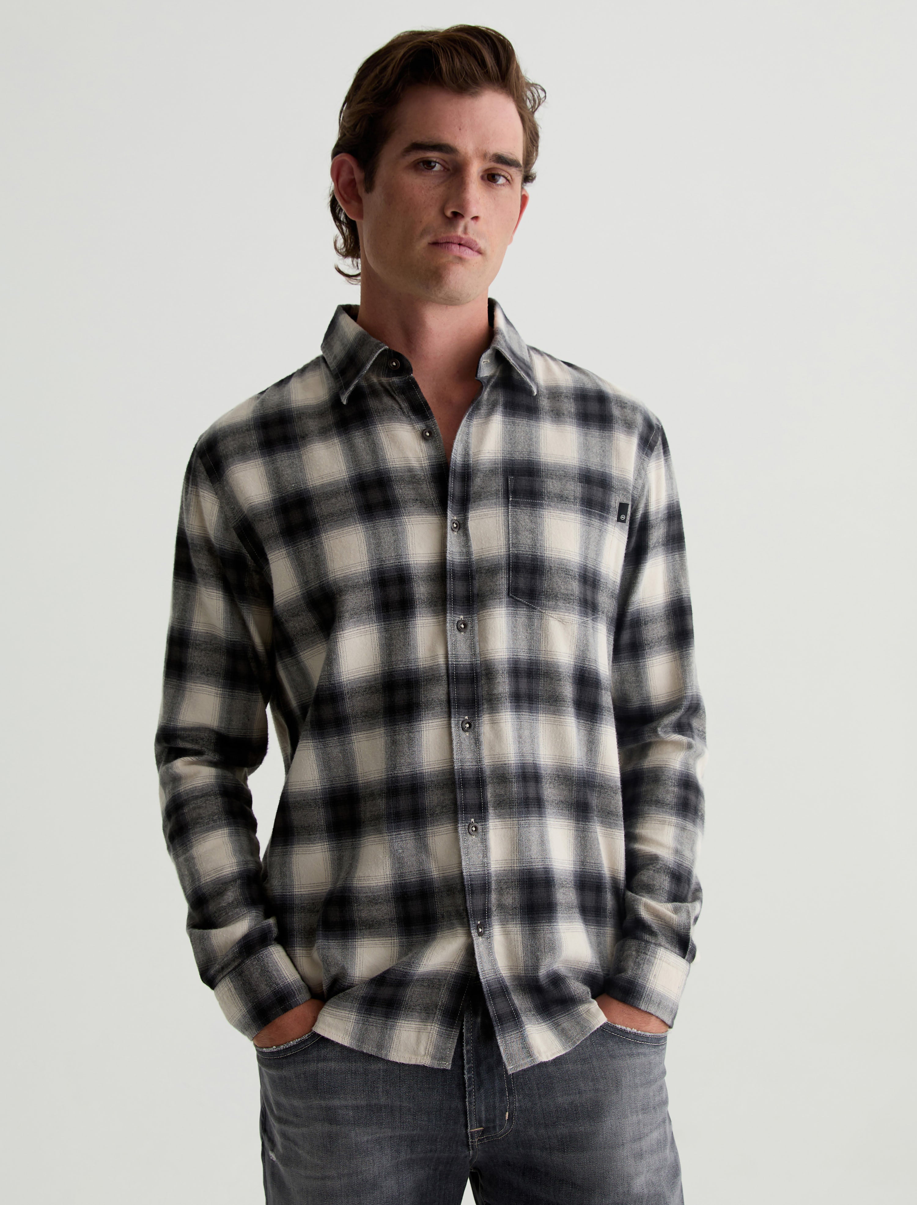 Aiden Shirt Brushed Check Plaid Light Grey Classic Long Sleeve Button-Up Shirt Men Top Photo 1