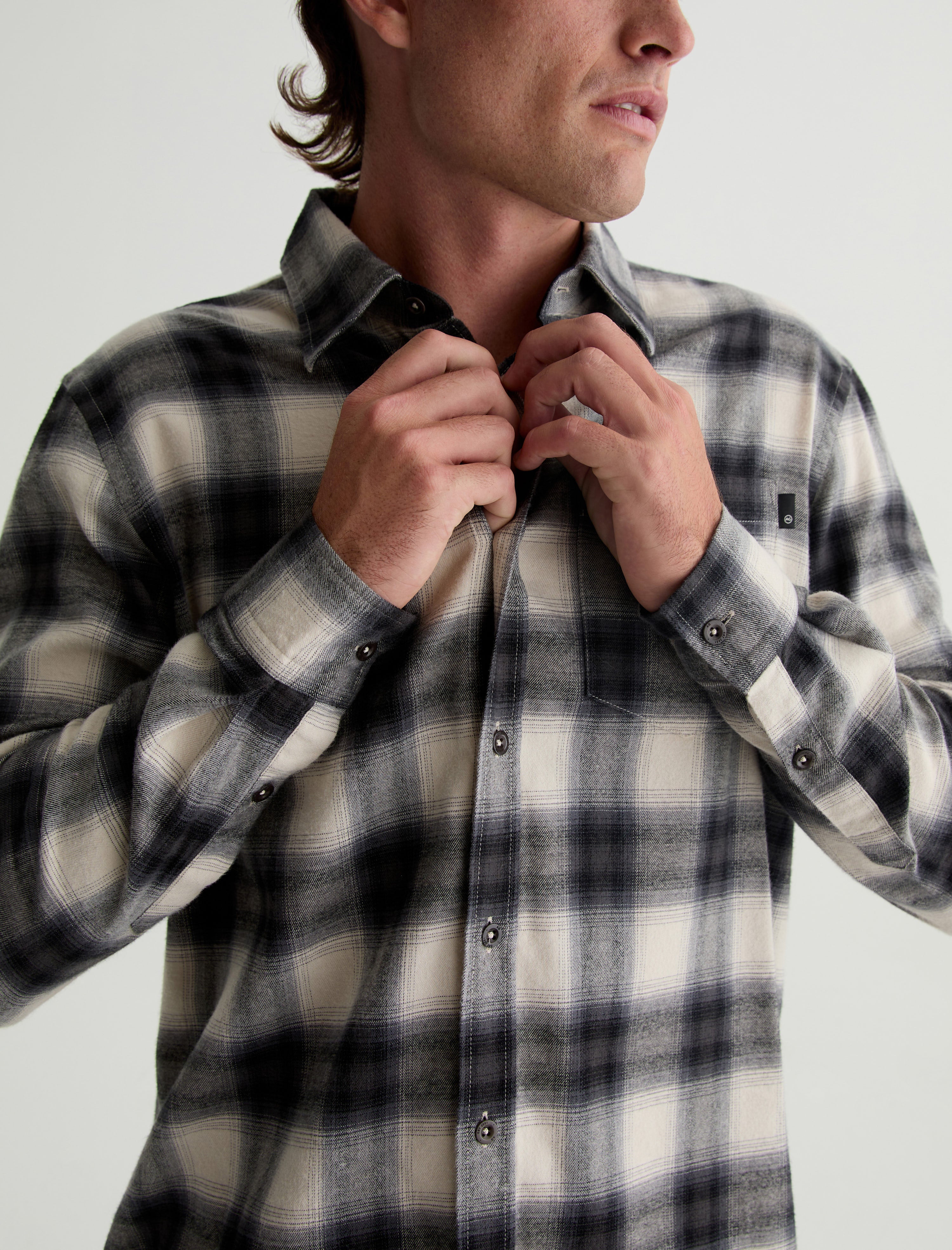 Aiden Shirt Brushed Check Plaid Light Grey Classic Long Sleeve Button-Up Shirt Men Top Photo 2