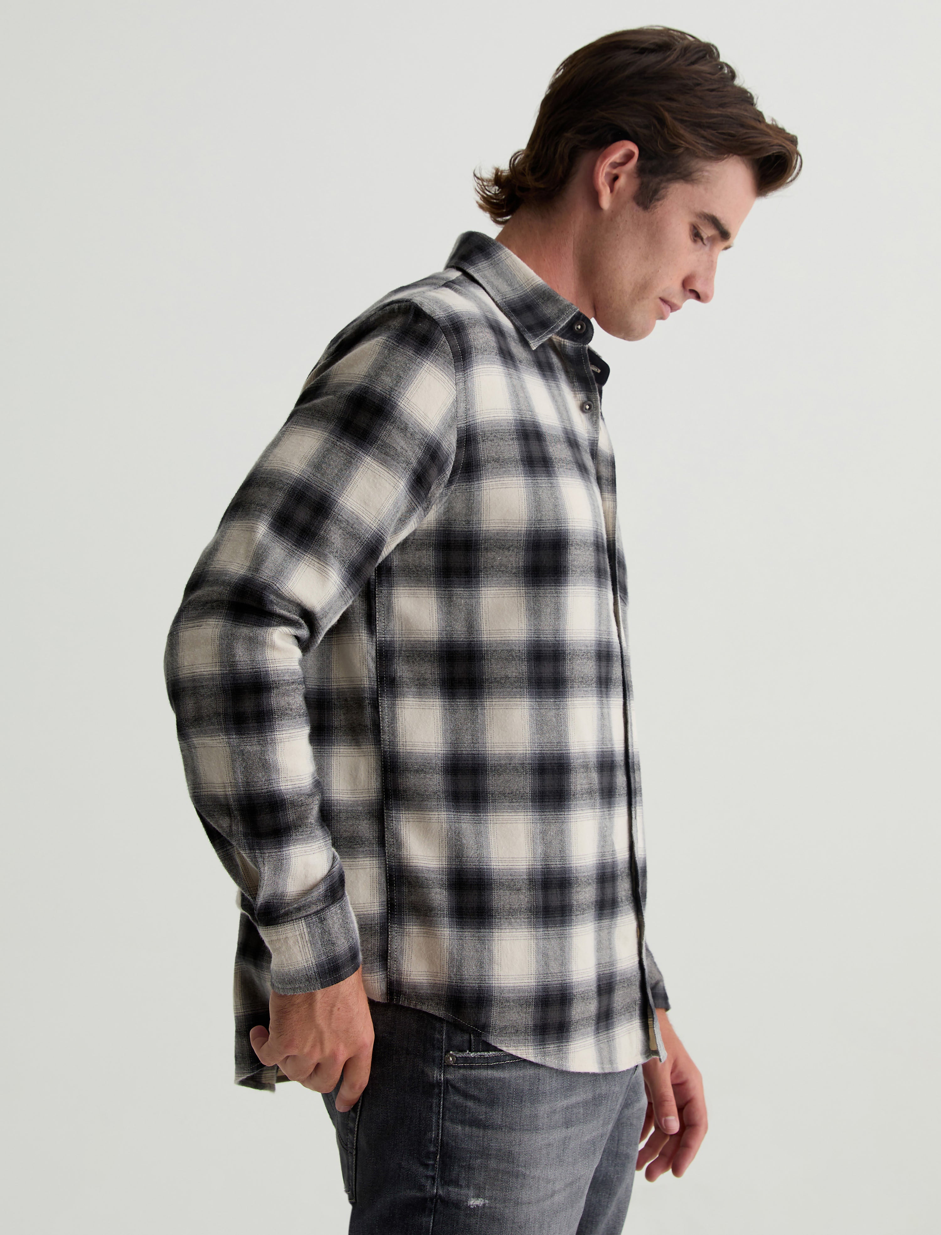 Aiden Shirt Brushed Check Plaid Light Grey Classic Long Sleeve Button-Up Shirt Men Top Photo 3