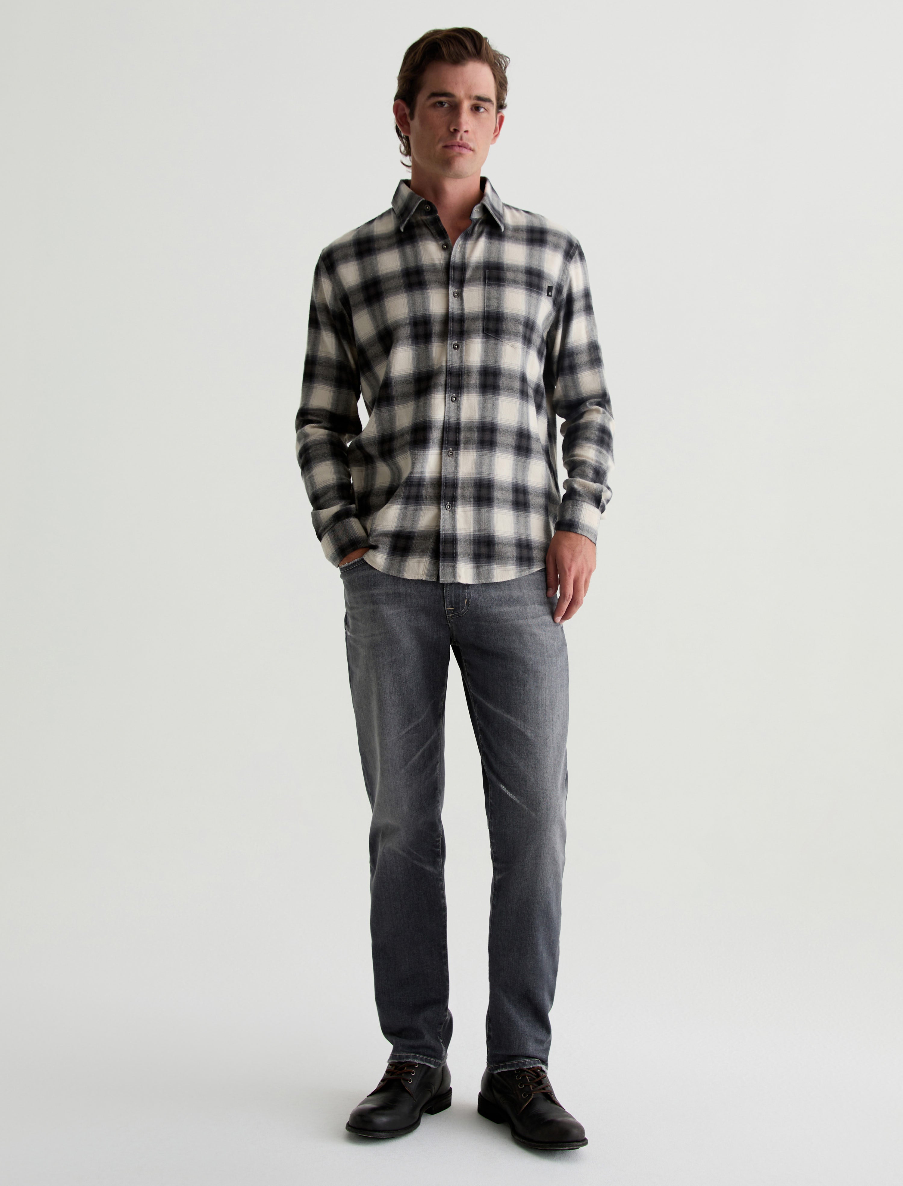 Aiden Shirt Brushed Check Plaid Light Grey Classic Long Sleeve Button-Up Shirt Men Top Photo 4