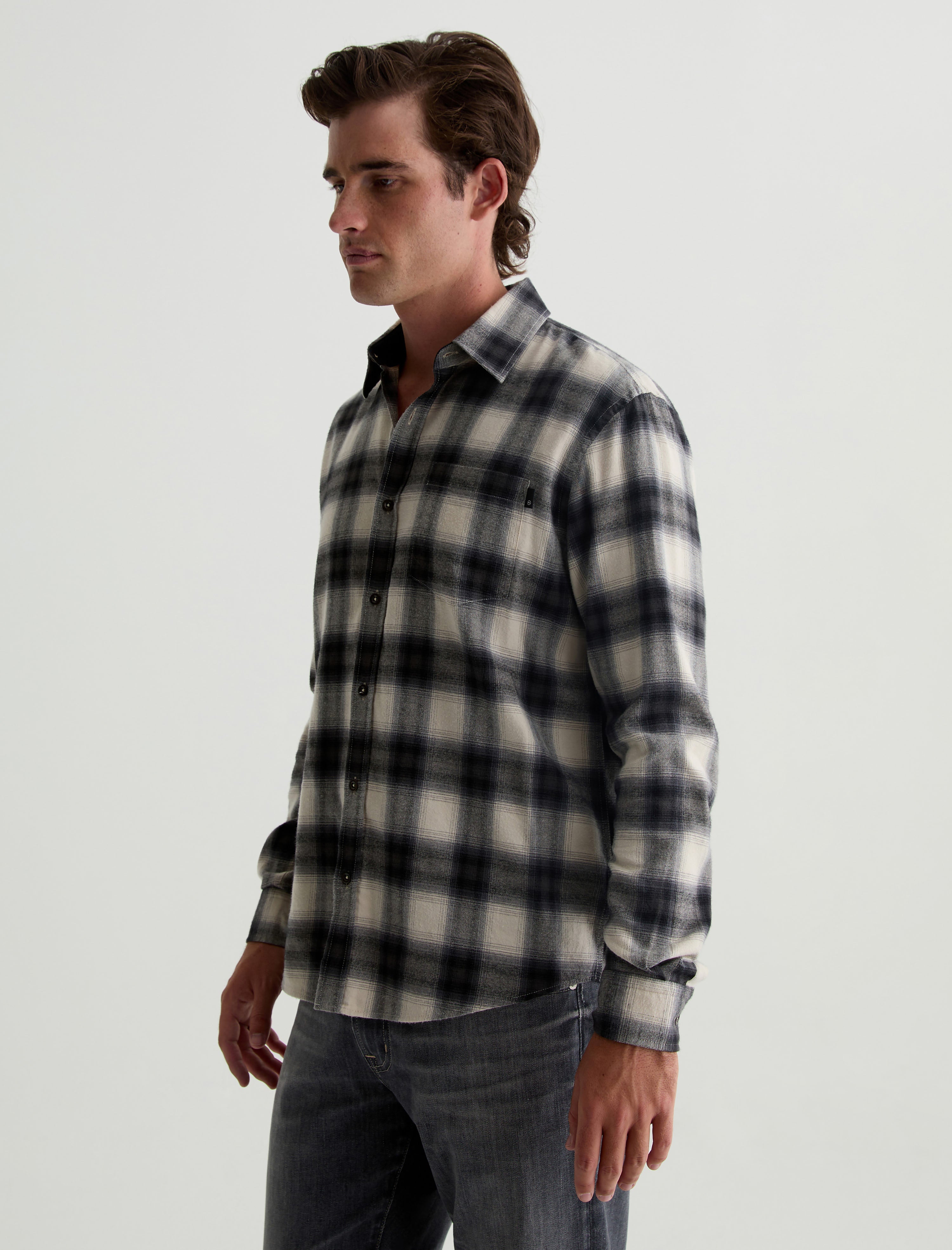 Aiden Shirt Brushed Check Plaid Light Grey Classic Long Sleeve Button-Up Shirt Men Top Photo 6