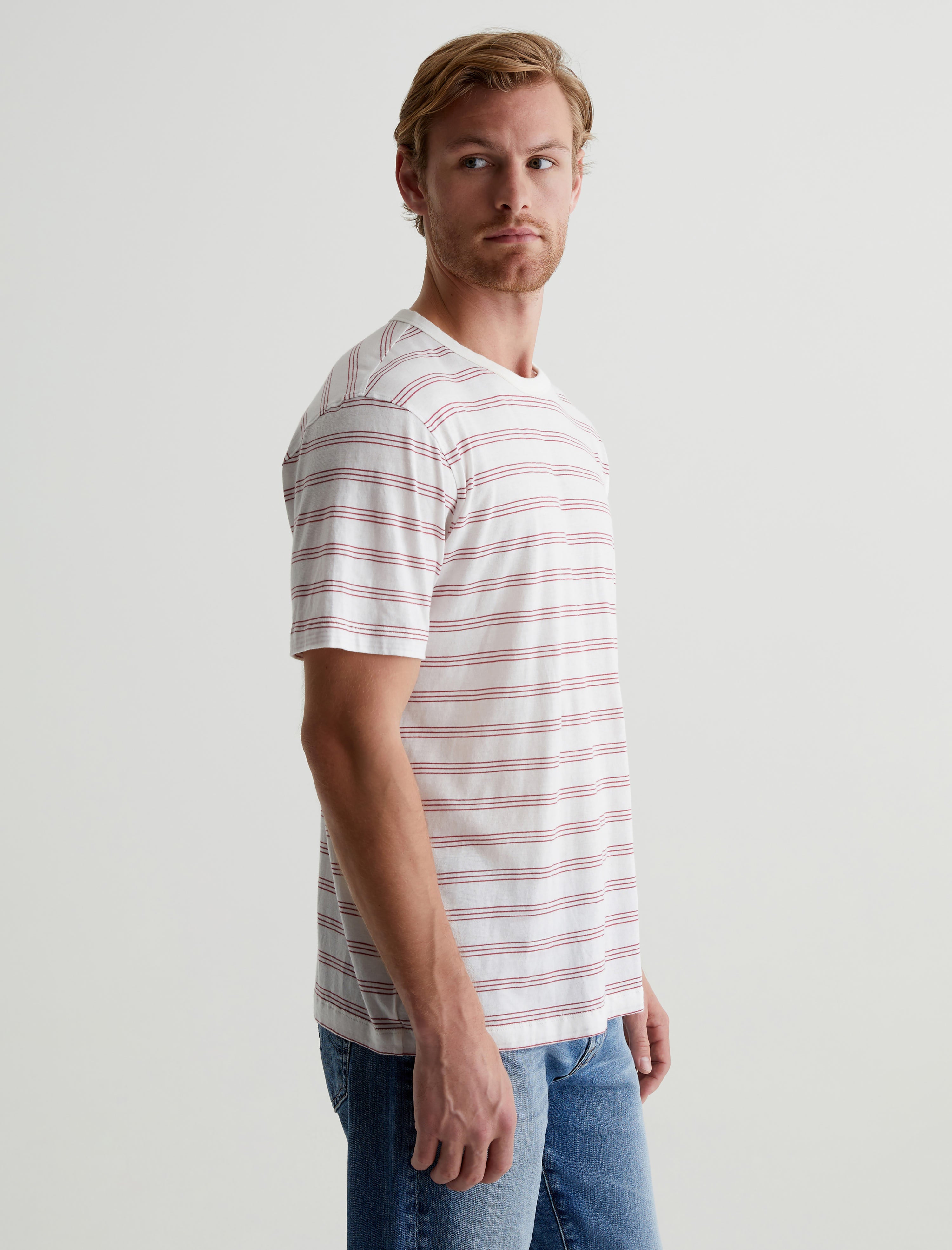 Wesley Crew Terrace Stripe Ex-White/Crimson Relaxed T-Shirt Men Top Photo 1