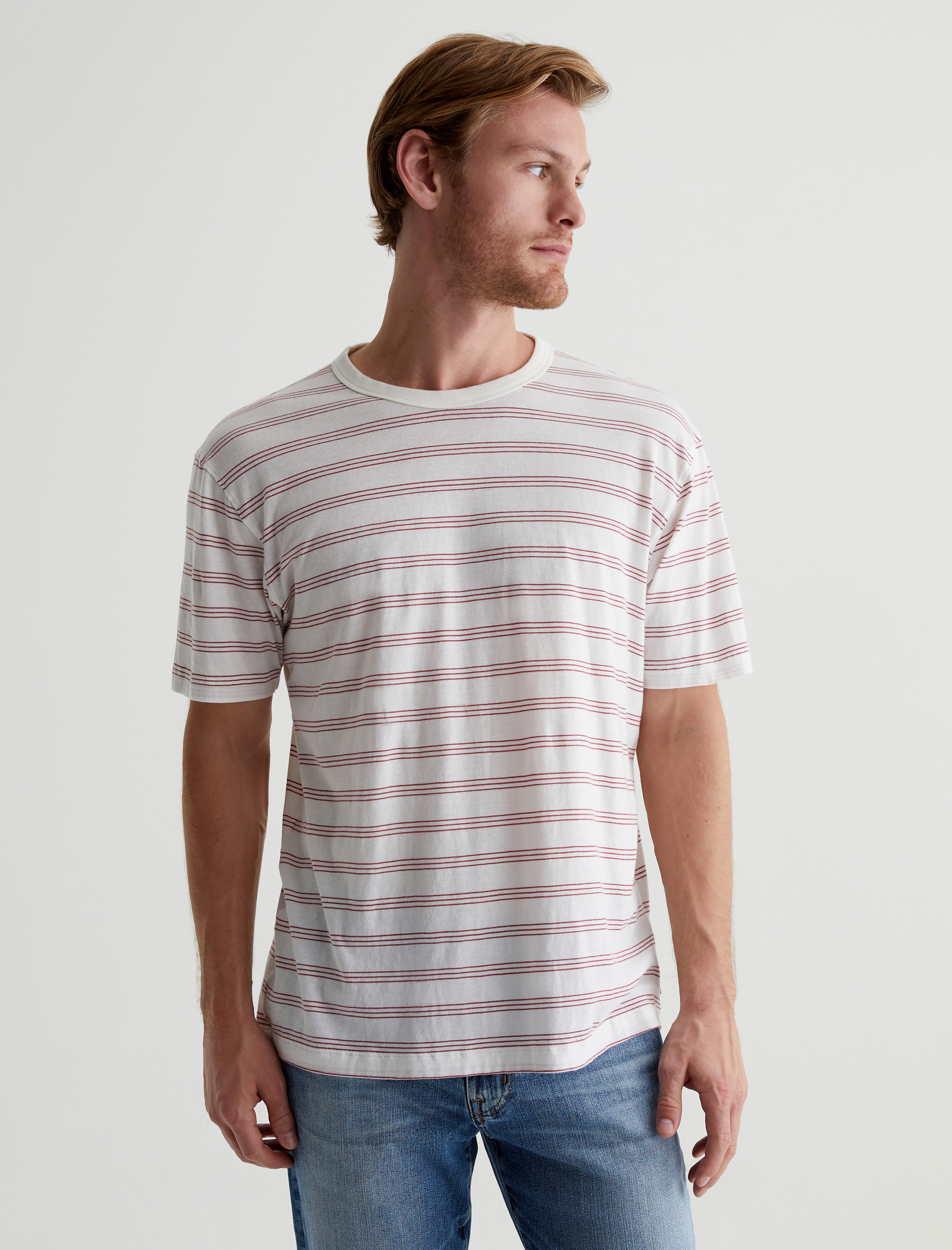 Wesley Crew Terrace Stripe Ex-White/Crimson Relaxed T-Shirt Men Top Photo 2