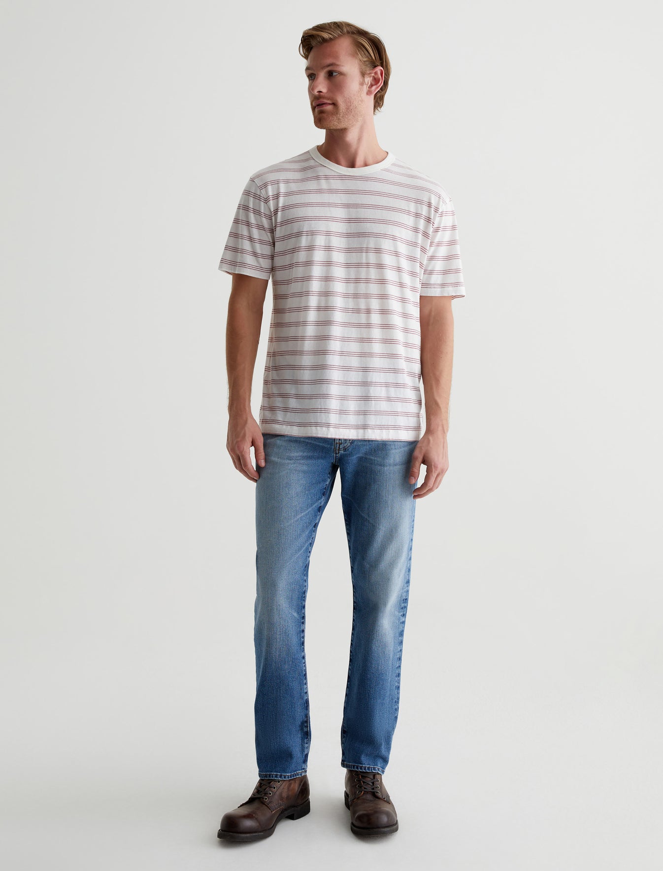 Wesley Crew Terrace Stripe Ex-White/Crimson Relaxed T-Shirt Men Top Photo 4