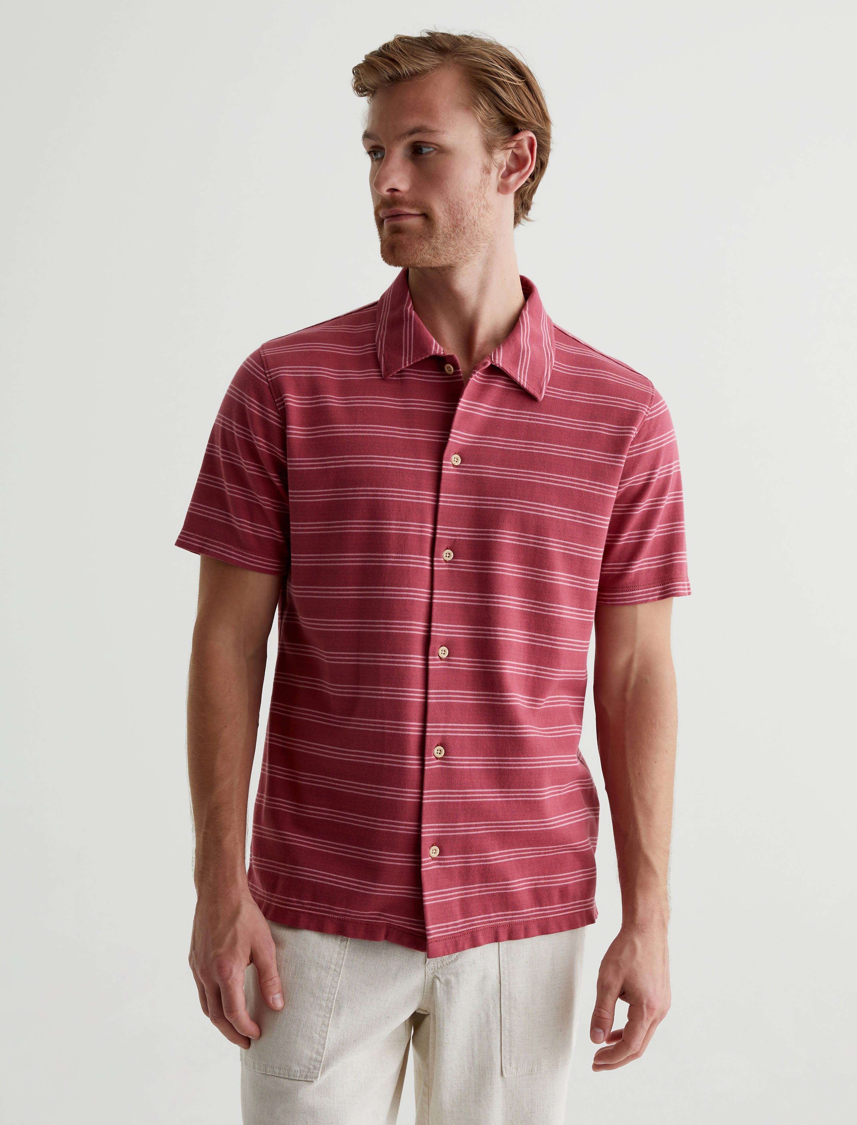 Nathaniel Terrace Stripe Crimson Clay Relaxed Short Sleeve Button-Up Shirt Men Top Photo 1