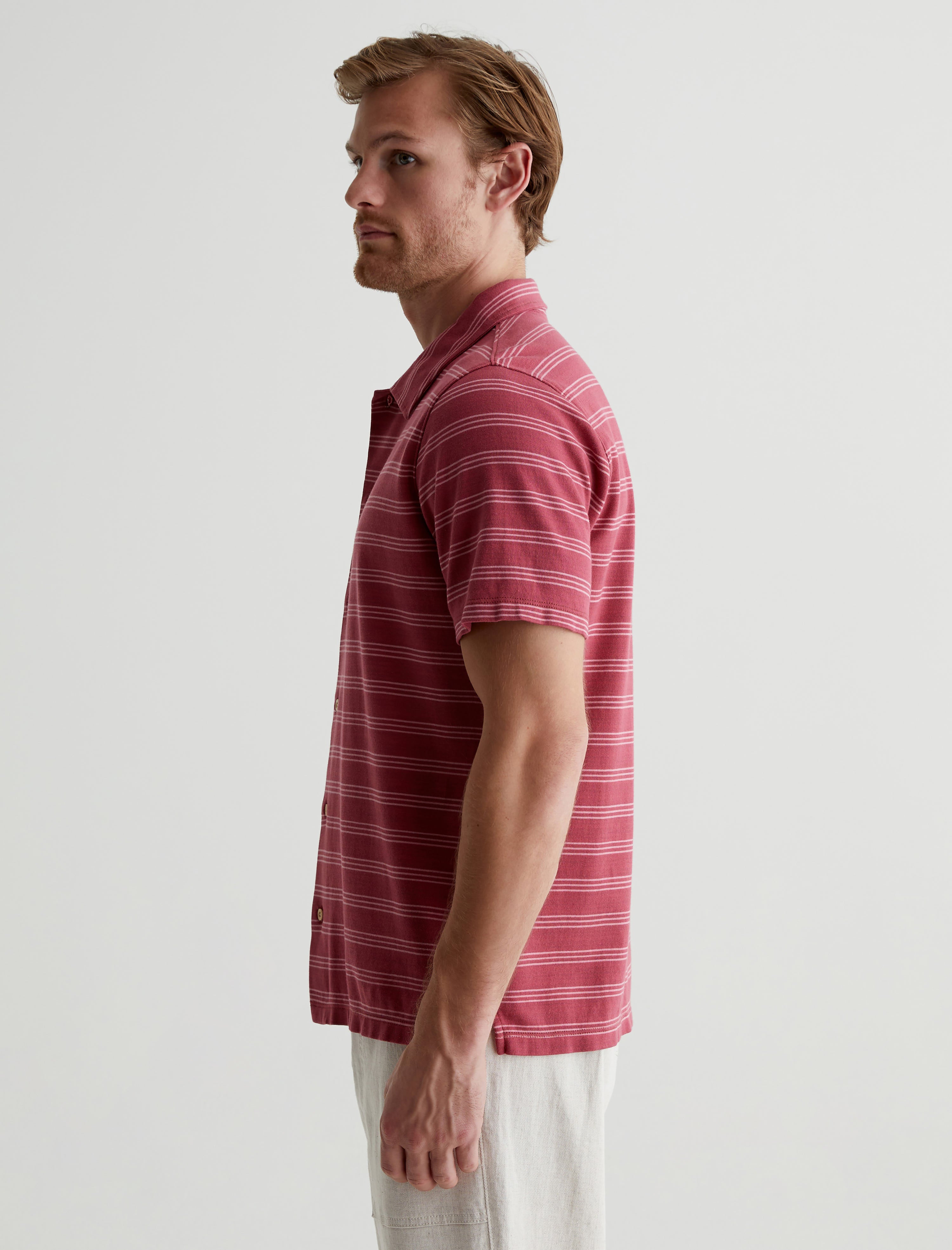 Nathaniel Terrace Stripe Crimson Clay Relaxed Short Sleeve Button-Up Shirt Men Top Photo 2