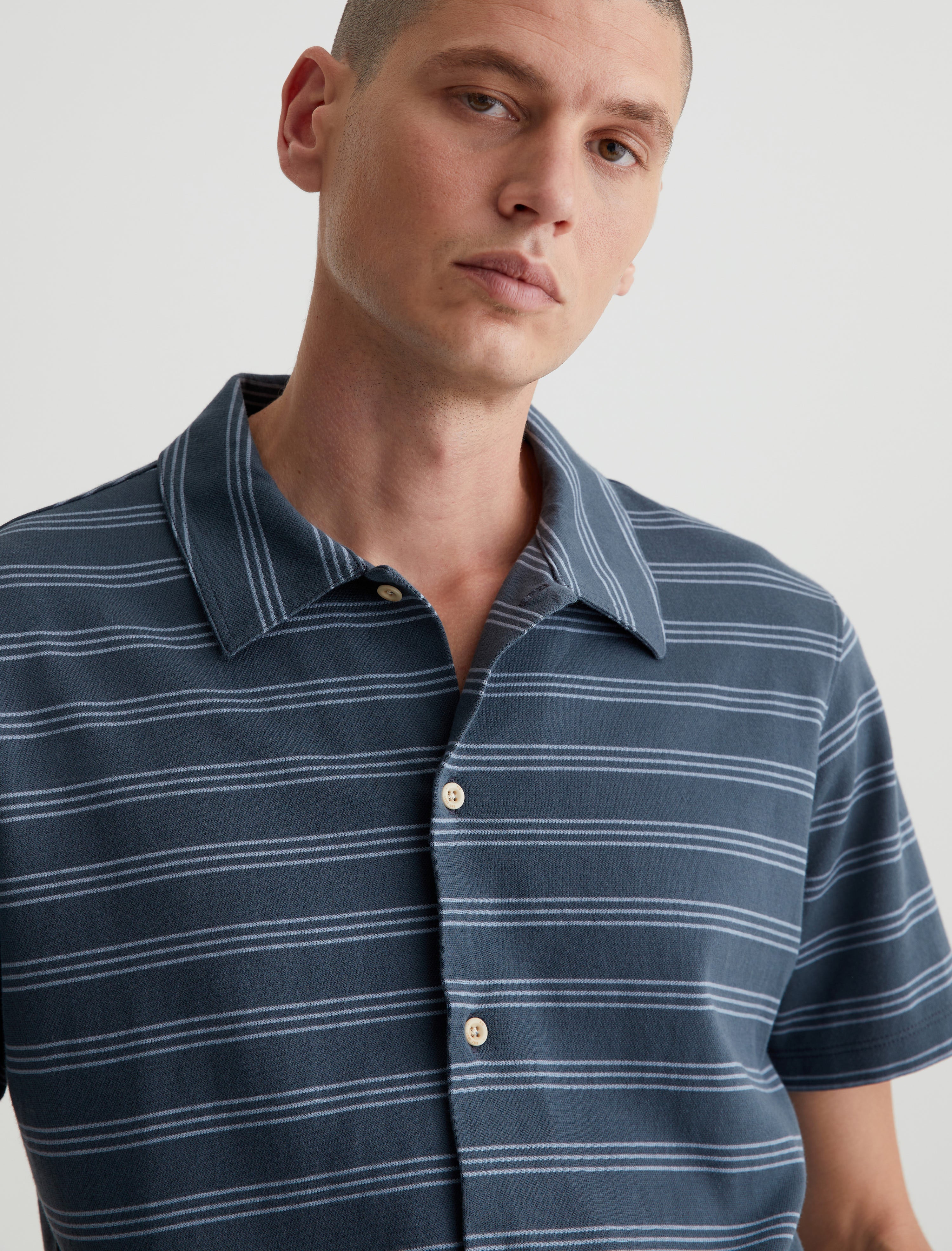 Nathaniel Terrace Stripe Deep Waters Relaxed Short Sleeve Button-Up Shirt Men Top Photo 3