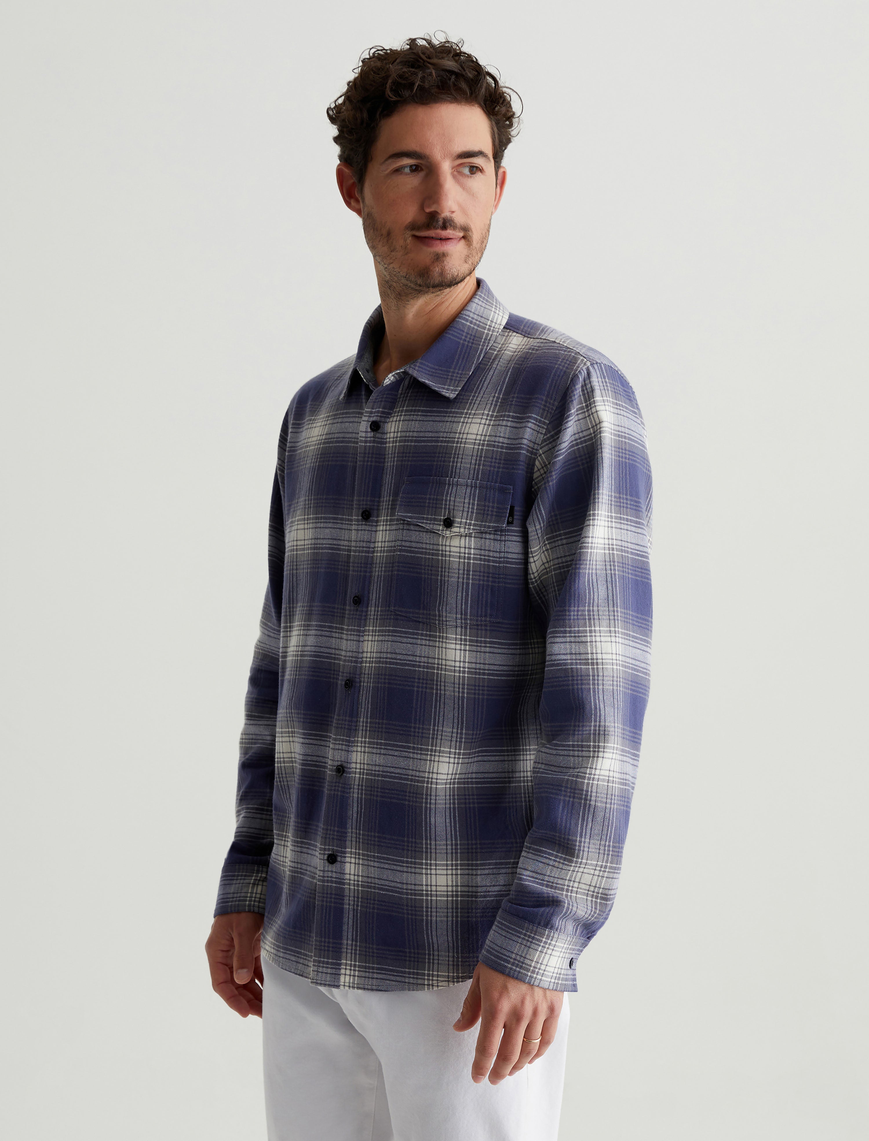 Wesley Shirt Shadow Plaid Navy Multi Relaxed Long Sleeve Men Top Photo 6