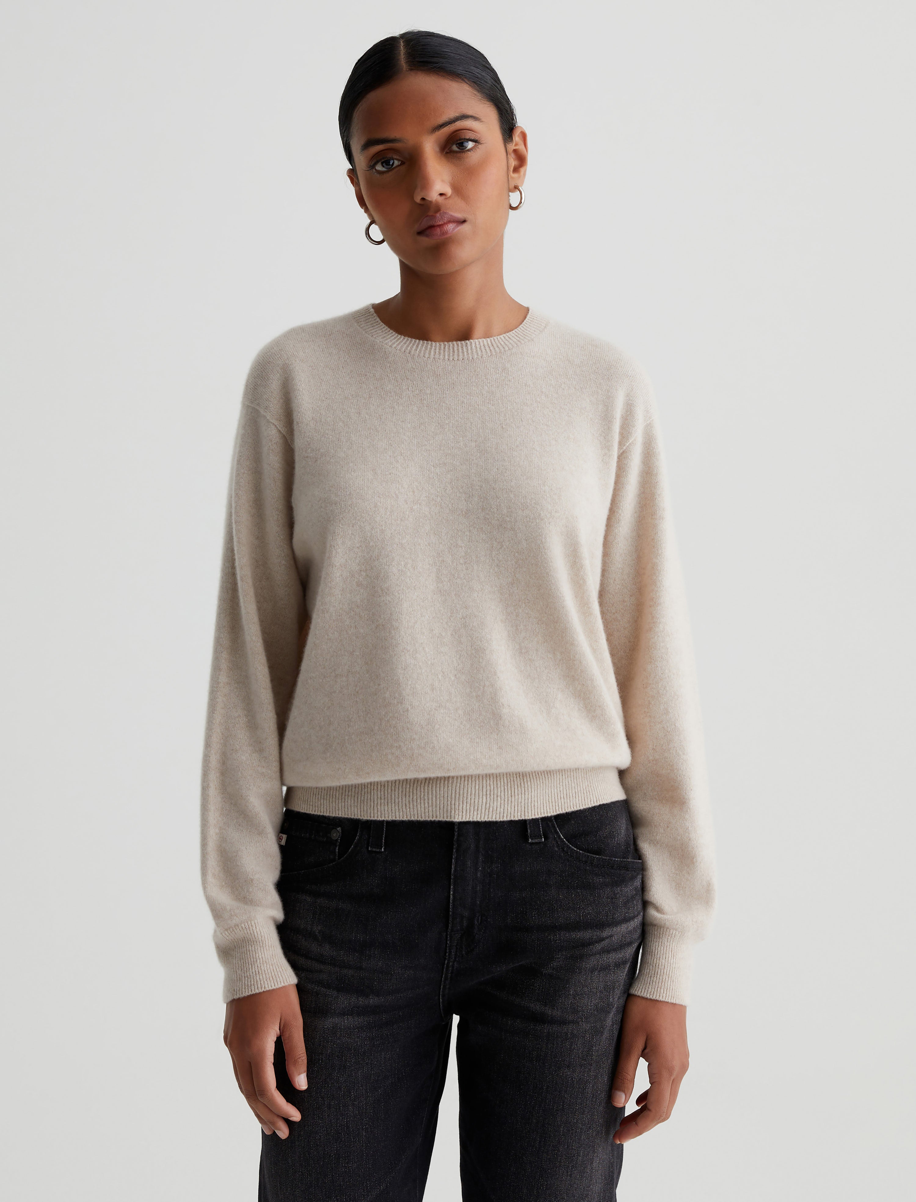 Gemma Crew Wheat Beige Relaxed Crew Neck Cashmere Sweater Photo 1