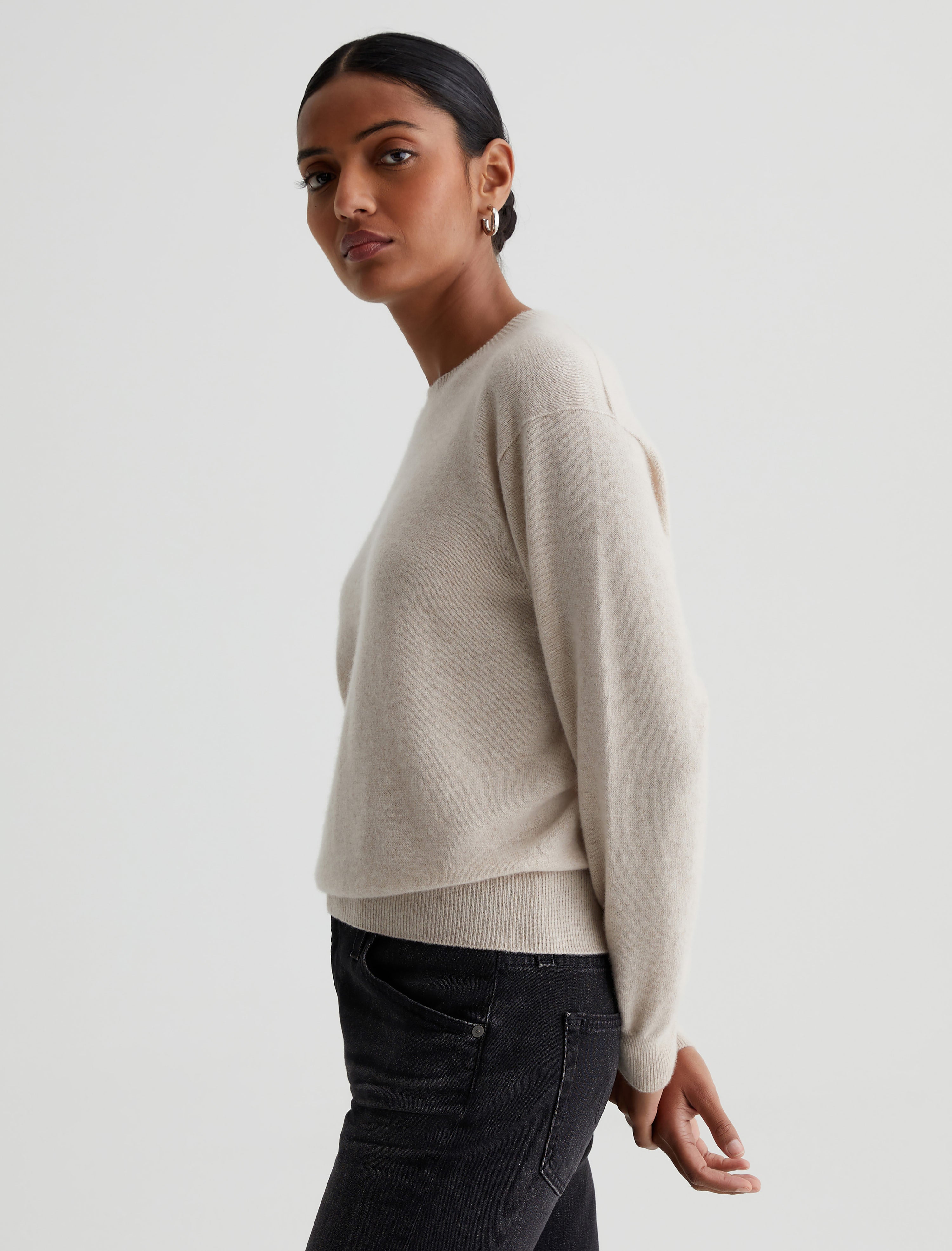 Gemma Crew Wheat Beige Relaxed Crew Neck Cashmere Sweater Photo 5