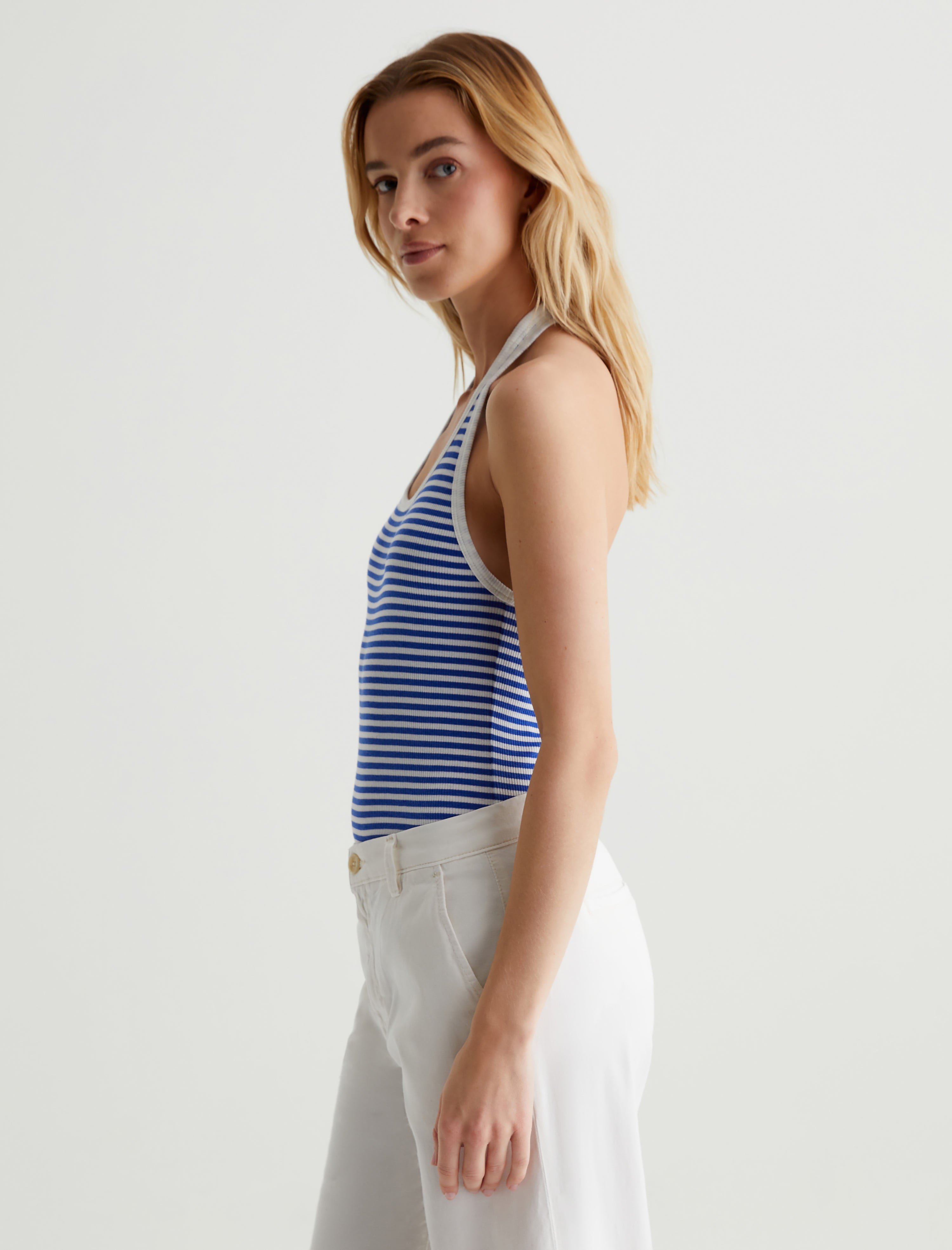 Jay Capri Stripe Ex-White/Electric Blue Slim Halter Tank Women Top Photo 6