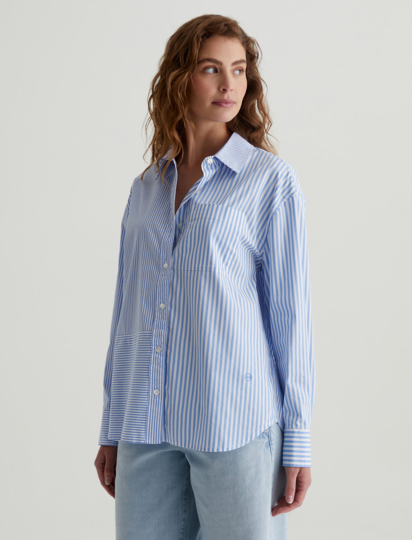 Addison Shirt Stripe Mix Blue Multi Relaxed Fit Button-Up Shirt Women Top Photo 6