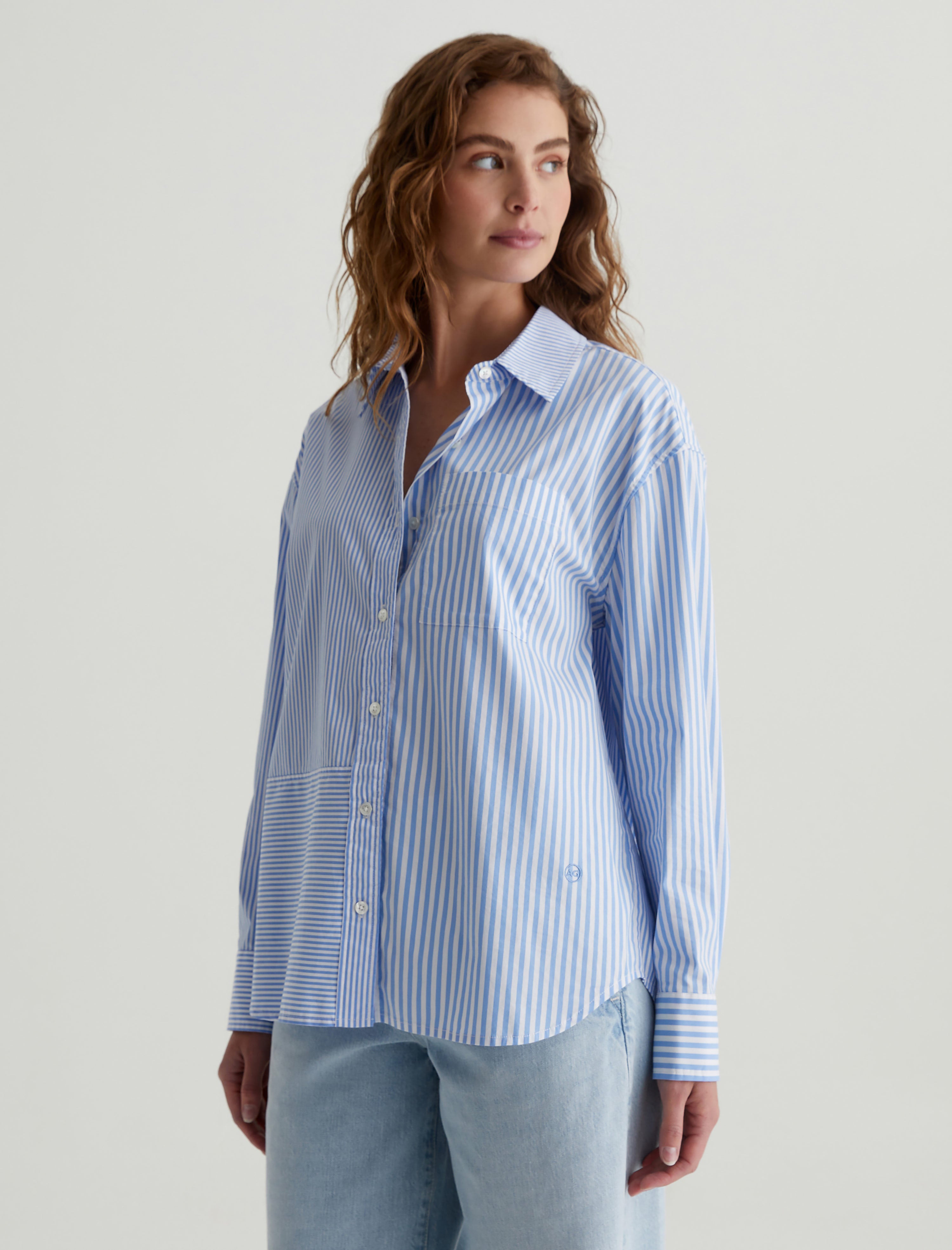 Addison Shirt Stripe Mix Blue Multi Relaxed Fit Button-Up Shirt Women Top Photo 6