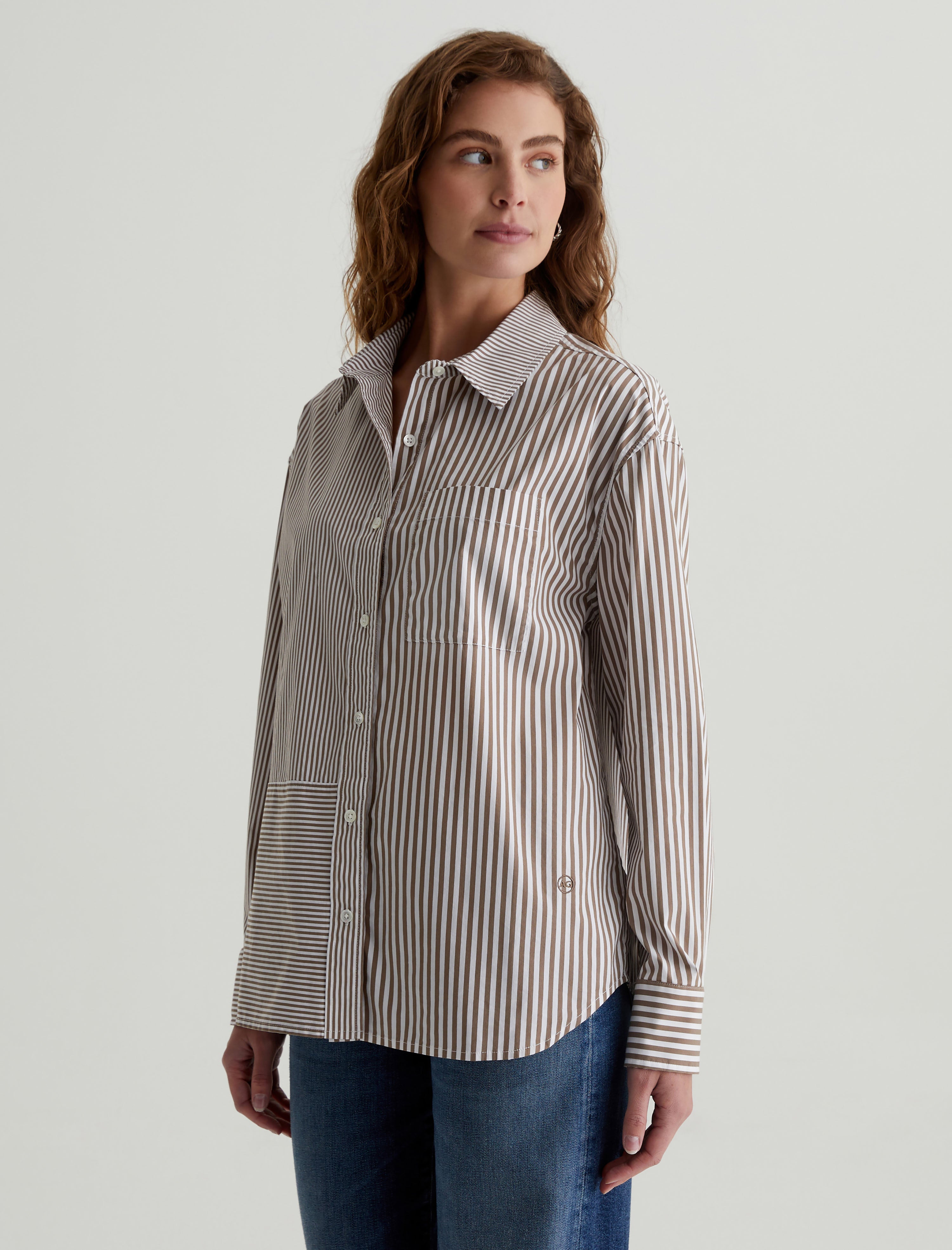 Addison Shirt Stripe Mix Khaki Multi Relaxed Fit Button-Up Shirt Women Top Photo 6