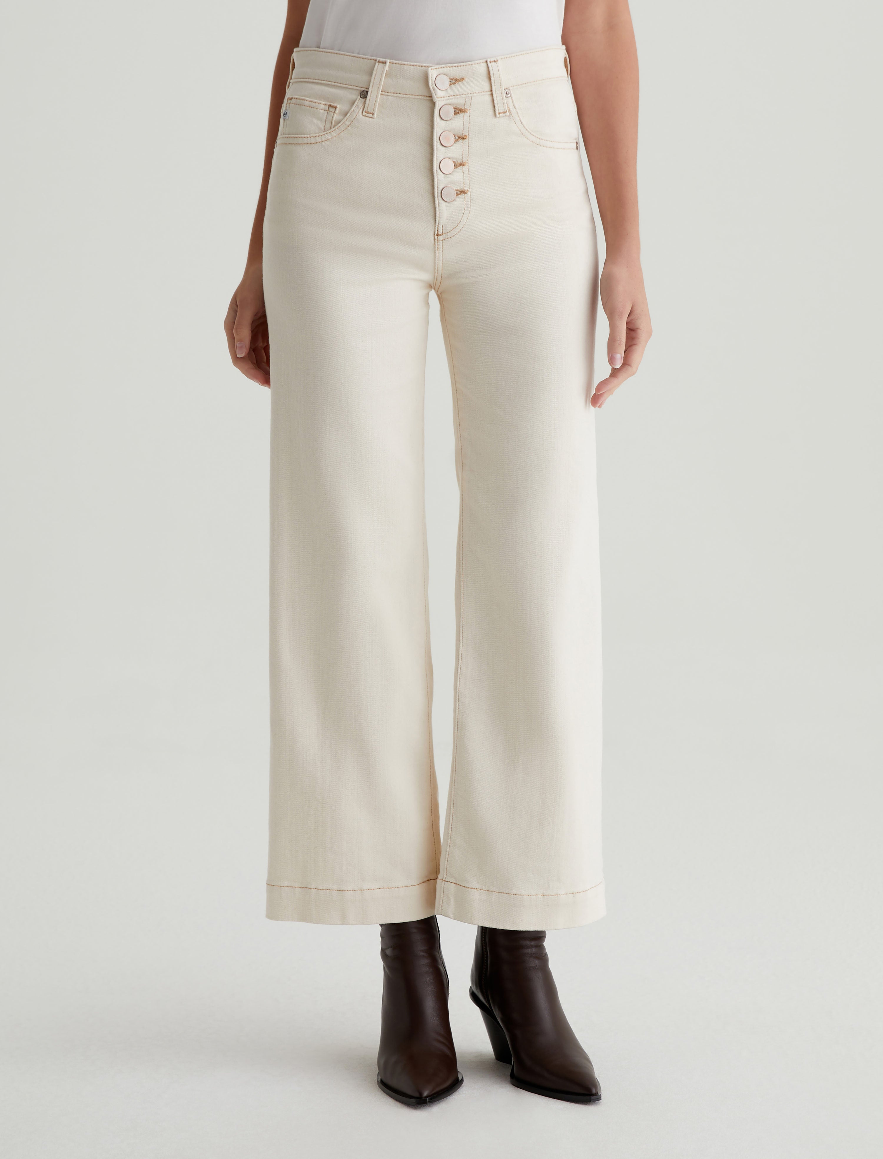 Saige Wide Leg Crop White Oat Mid-Rise Wide Leg Women Bottom Photo 2