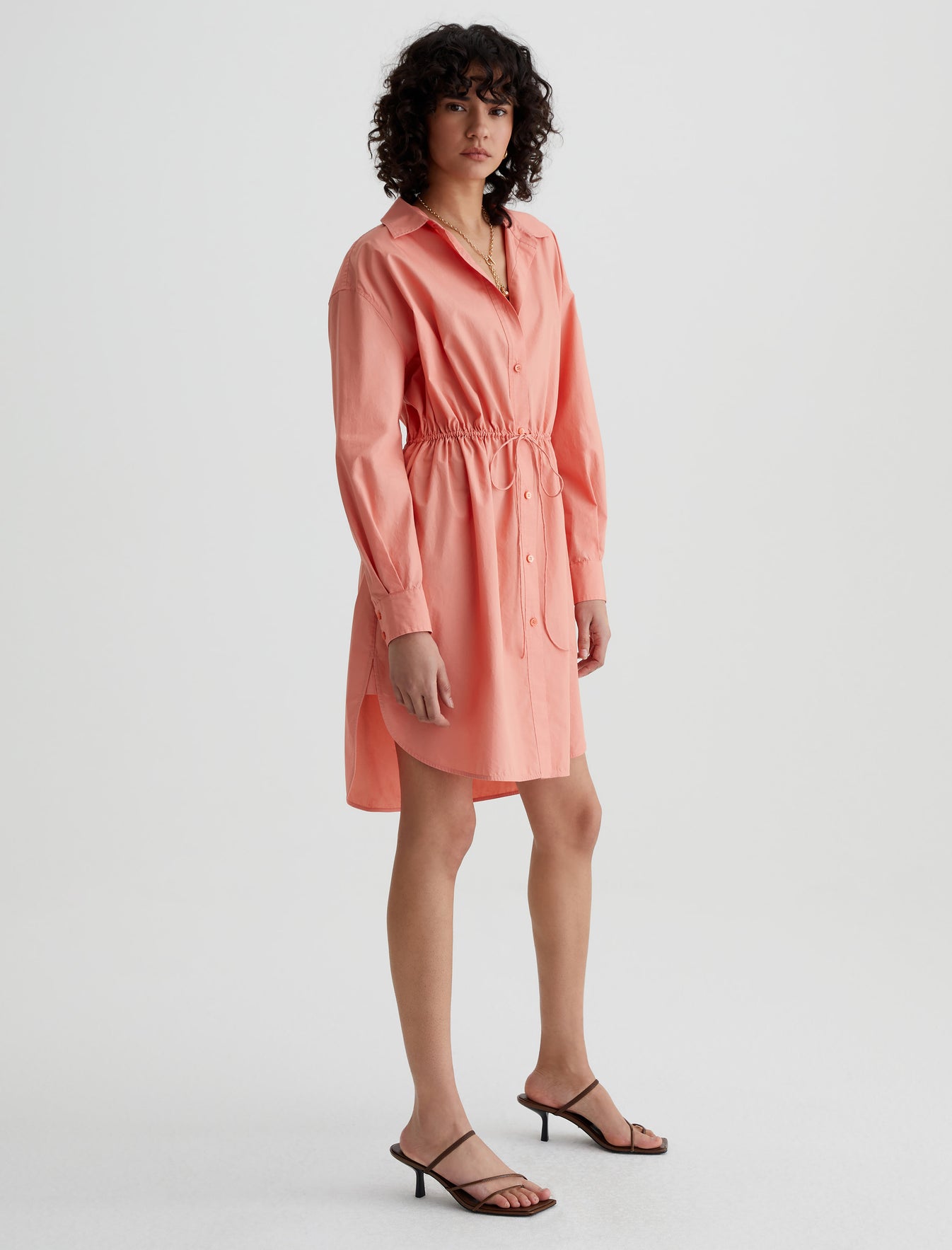 Jolie Shirt Dress Pink Peach Relaxed Fit Long Sleeve Button-Up Shirt Women Top Photo 2