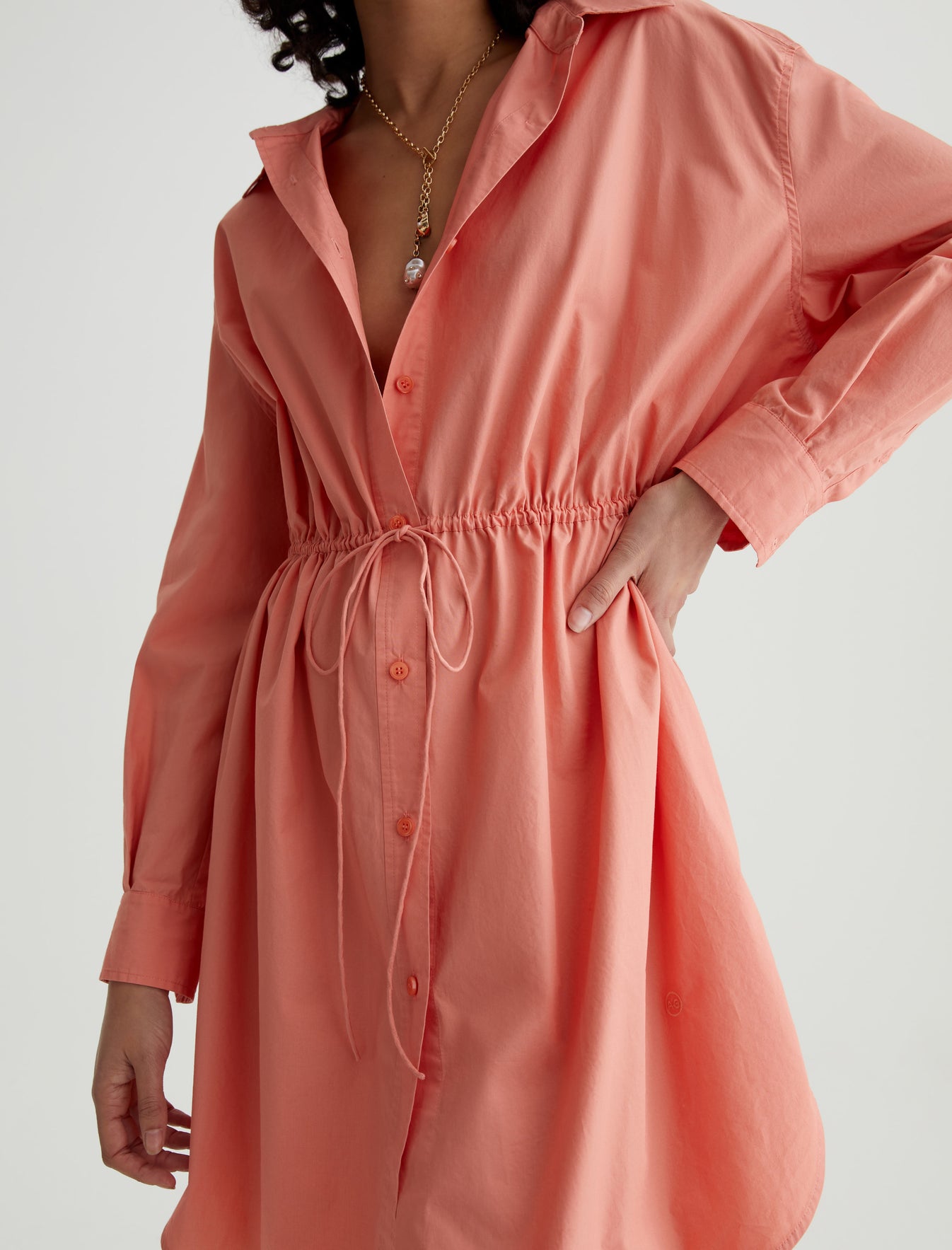 Jolie Shirt Dress Pink Peach Relaxed Fit Long Sleeve Button-Up Shirt Women Top Photo 4