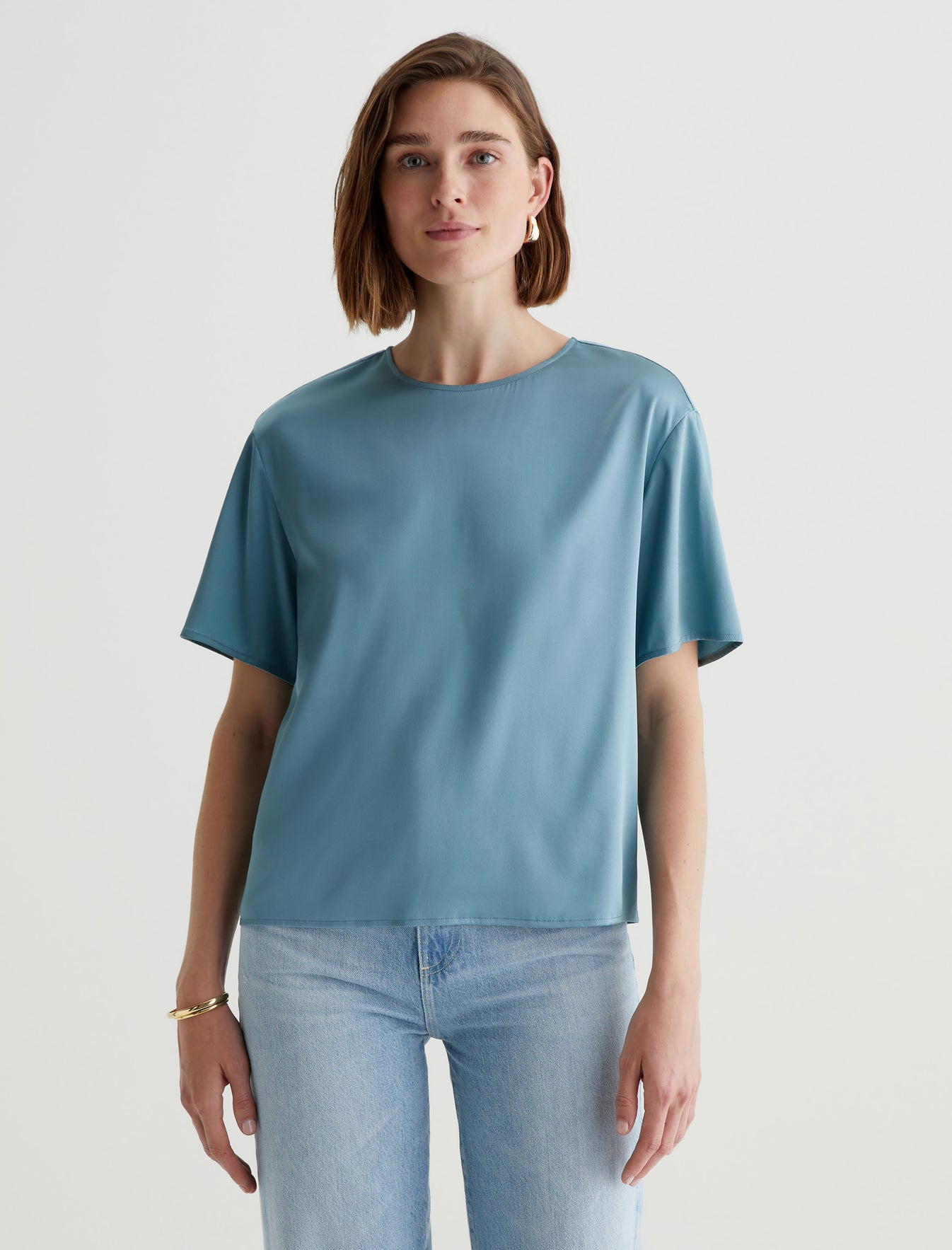 Nari Blue Tranquil Luxe Silk Relaxed Crew Neck T-Shirt Women Top Photo 1