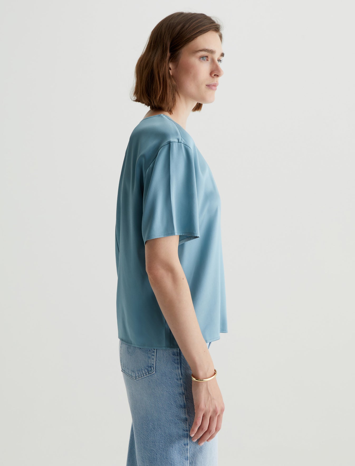 Nari Blue Tranquil Luxe Silk Relaxed Crew Neck T-Shirt Women Top Photo 2