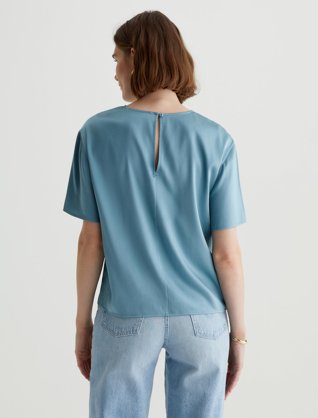 Nari Blue Tranquil Luxe Silk Relaxed Crew Neck T-Shirt Women Top Photo 7