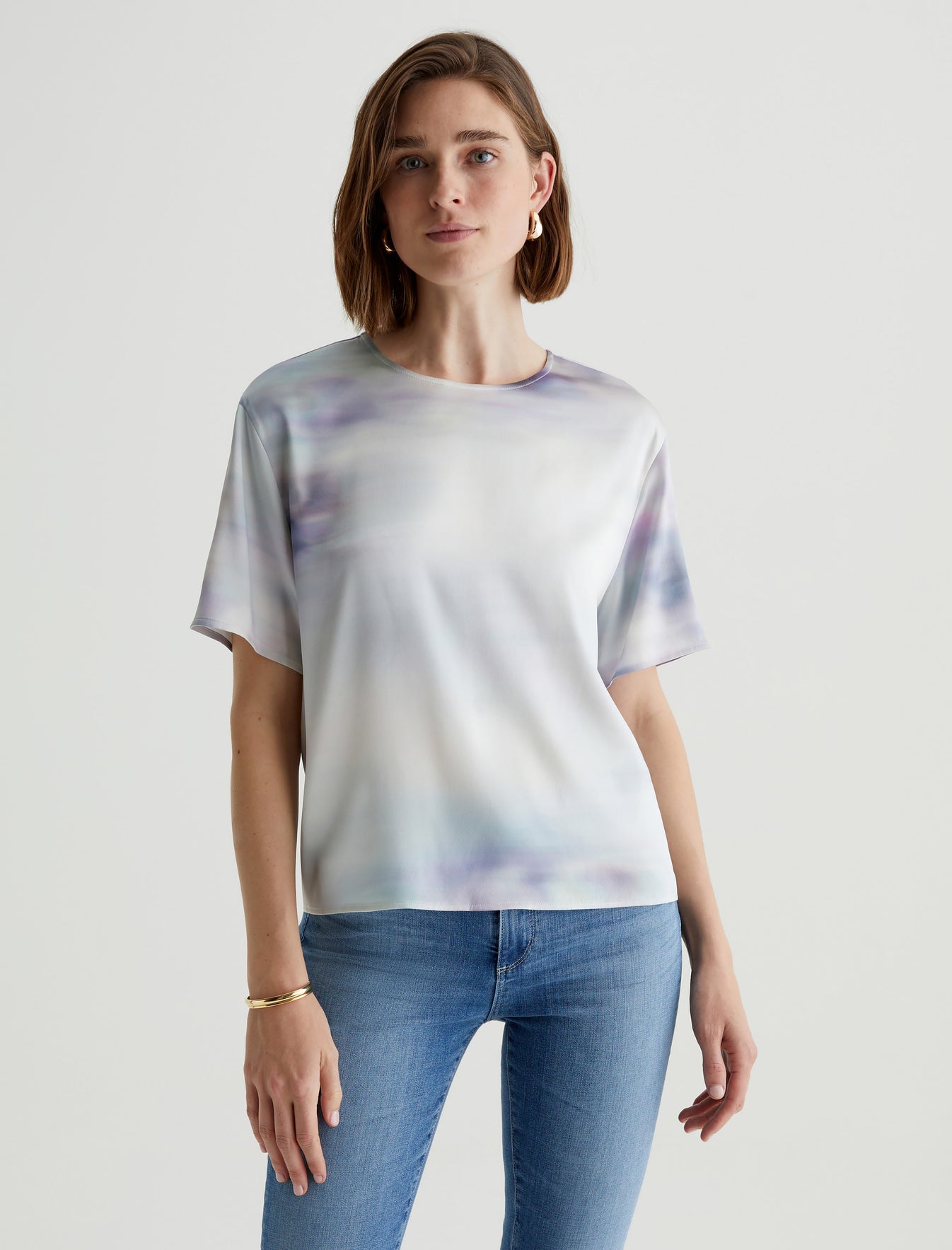 Nari Eternal Bloom Blue Multi Luxe Silk Relaxed Crew Neck T-Shirt Women Top Photo 1