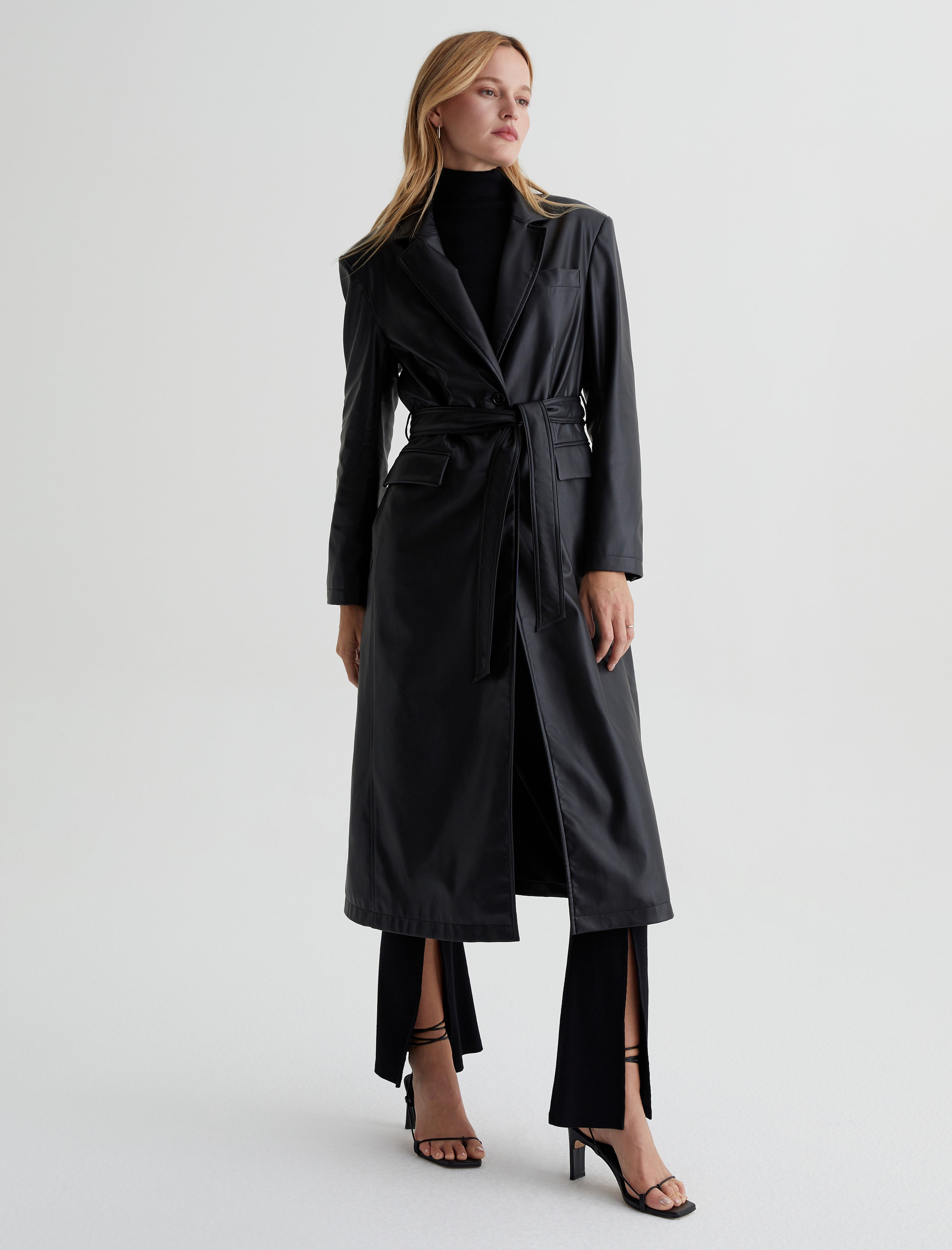 Womens long 2025 black belted coat